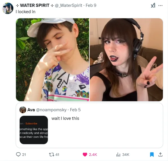 A screenshot of a Twitter thread showing two side-by-side photos: a young person with short hair wearing a white cap, eyes…