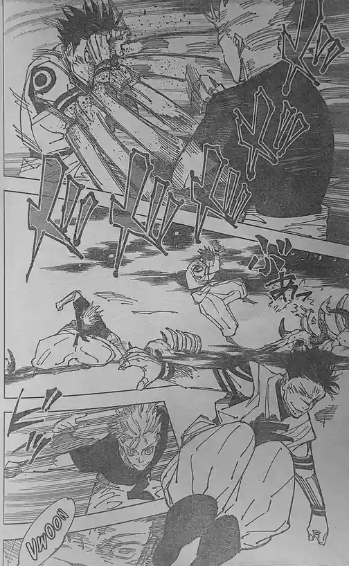 A black-and-white manga panel from Jujutsu Kaisen shows a character in a white uniform being violently thrown backward by a…