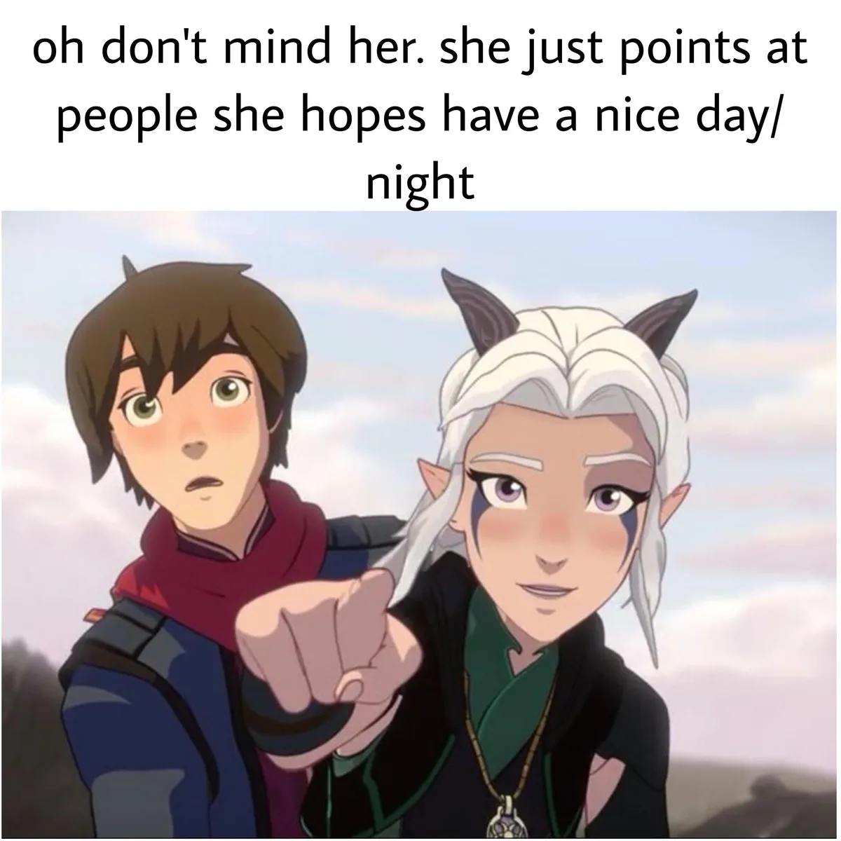 An anime-style image shows two characters: a young man with brown hair and a red scarf looking surprised, and a woman with…