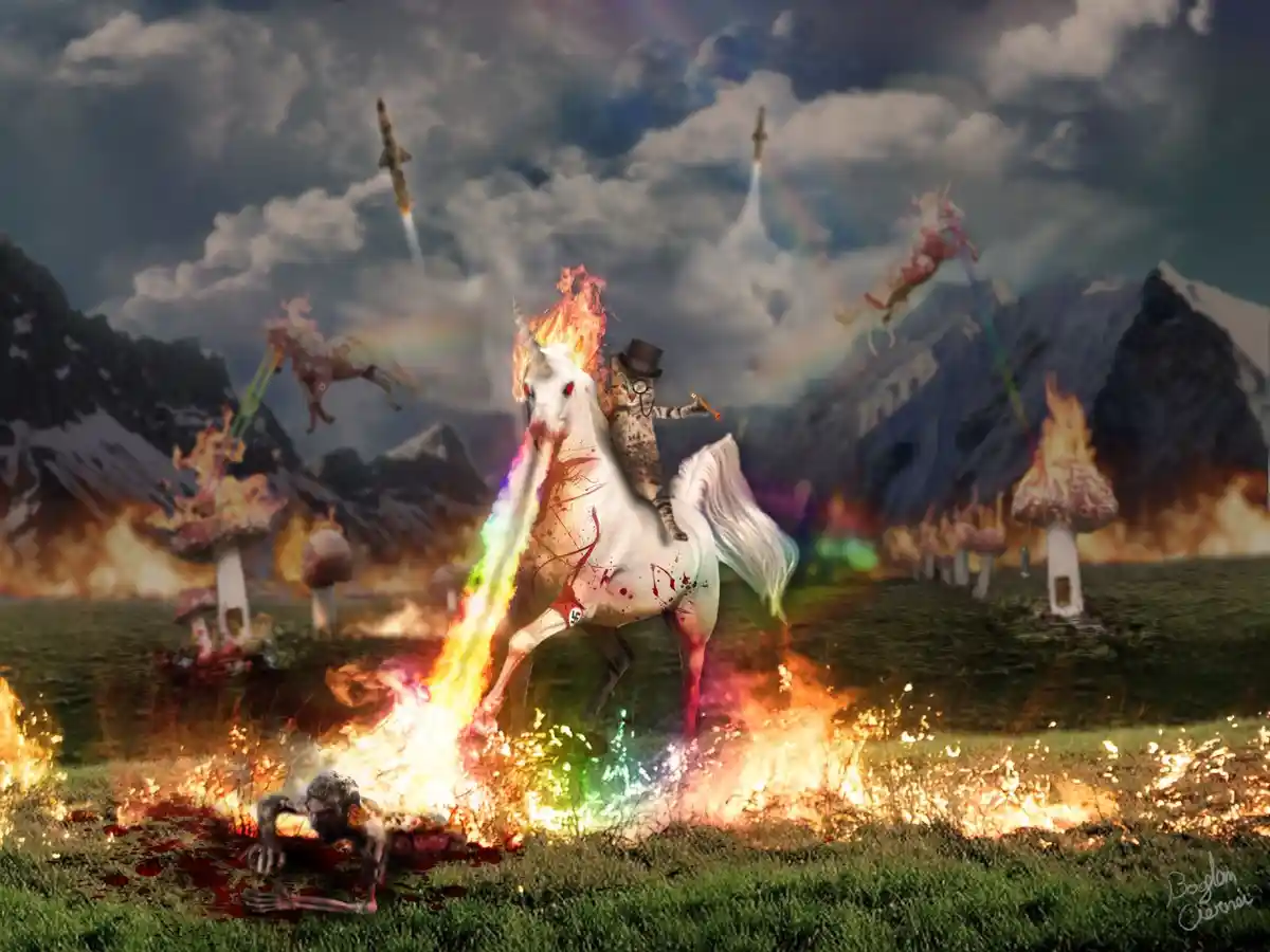 A surreal, chaotic scene depicts a cat wearing a top hat and glasses riding a white unicorn that is on fire and spewing…