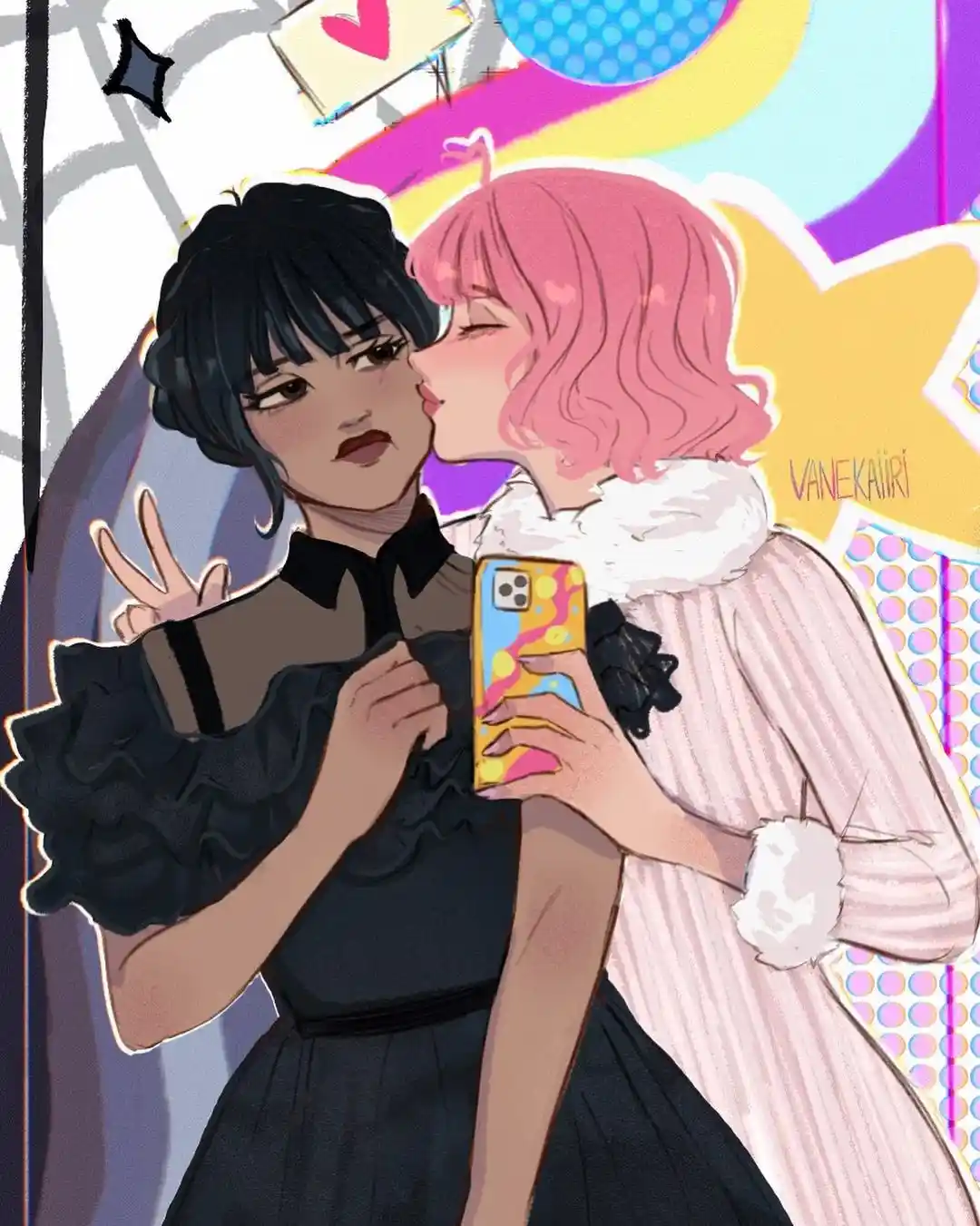 Two anime-style women are taking a selfie; one with pink hair kisses the other on the cheek while holding a phone with a…