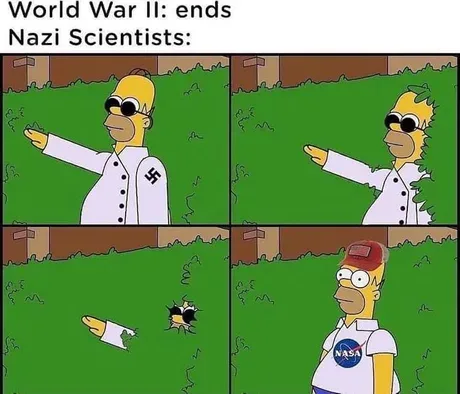 A four-panel comic strip featuring Homer Simpson. In the first three panels, he wears a white lab coat with a swastika…