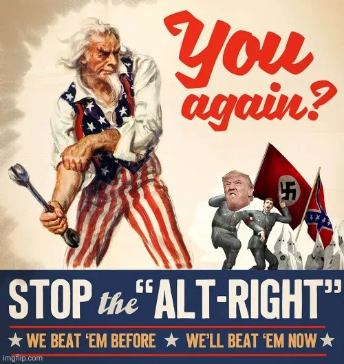 An image of Uncle Sam holding a wrench, with overlaid text reading 'You again?' above a depiction of Donald Trump with a…