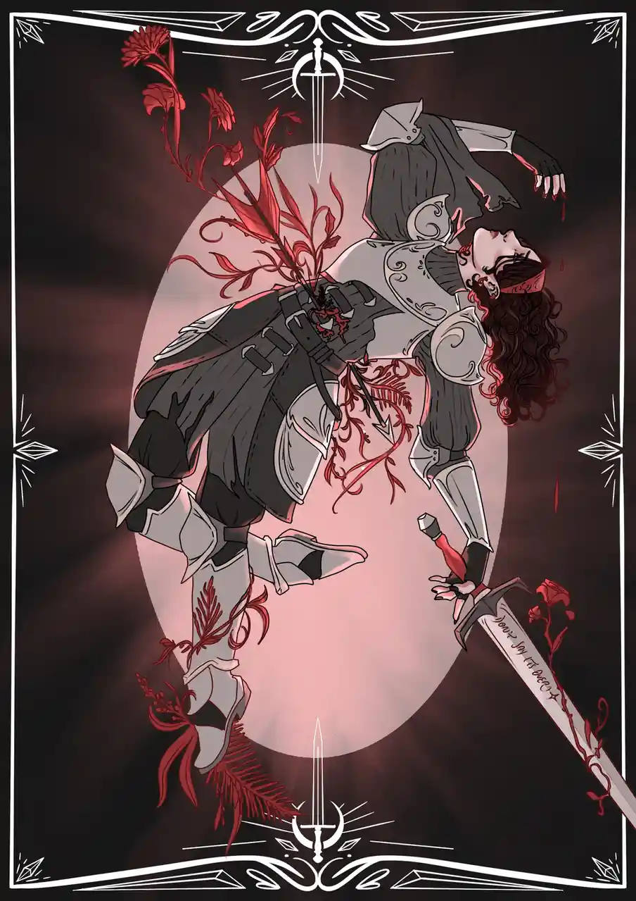 A stylized, dark fantasy illustration depicts a knight in ornate silver armor, impaled through the chest by a sword, with…