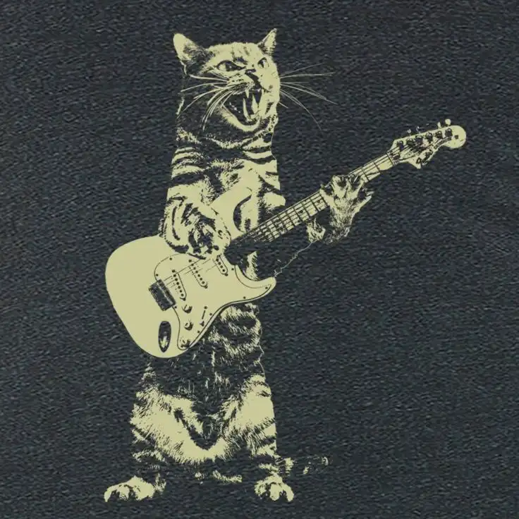A stylized illustration of a tabby cat standing upright on its hind legs, holding and playing a light-colored electric…