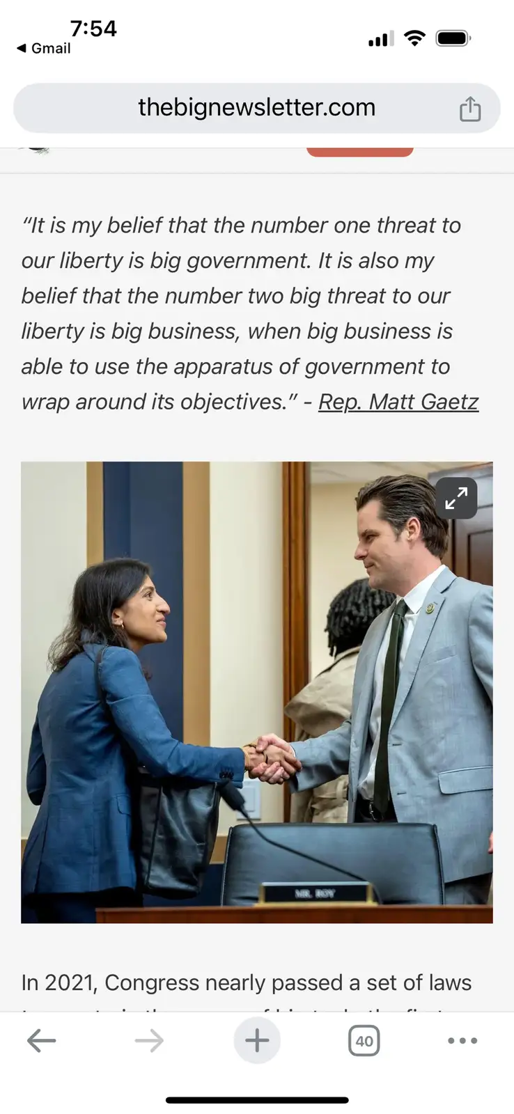 A screenshot of a mobile browser showing a quote attributed to Rep. Matt Gaetz about big government and big business being…