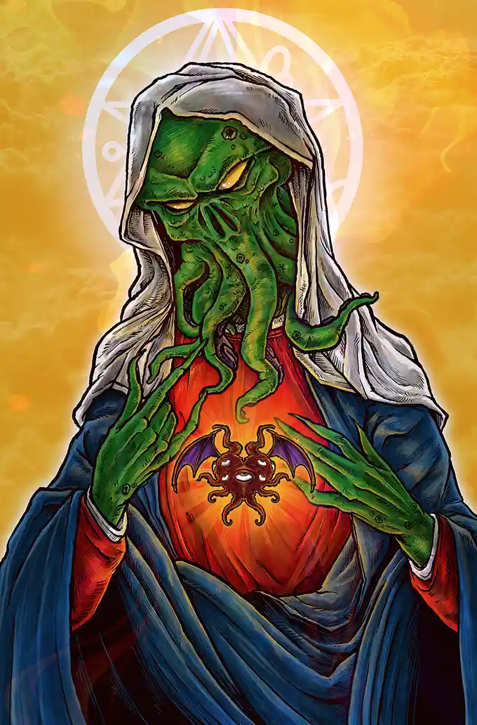 A green, tentacled Cthulhu figure wearing a white hood and blue robe, with a glowing red heart in its chest that contains a…