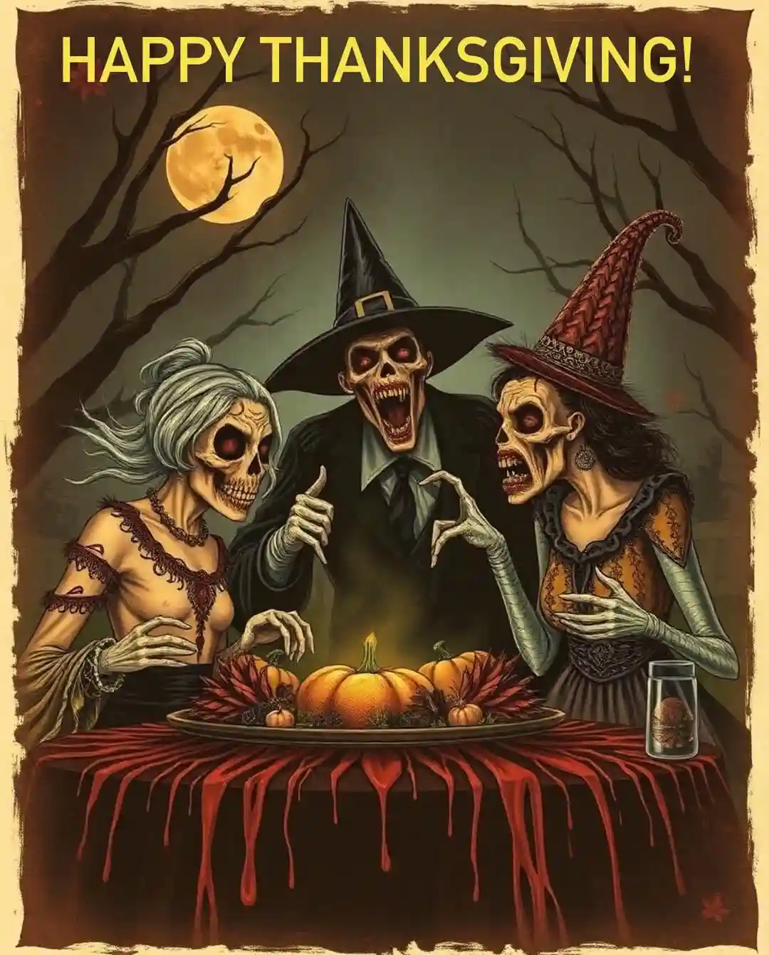 Three skeletal figures dressed as witches and a wizard gather around a table covered in red dripping liquid, feasting on…