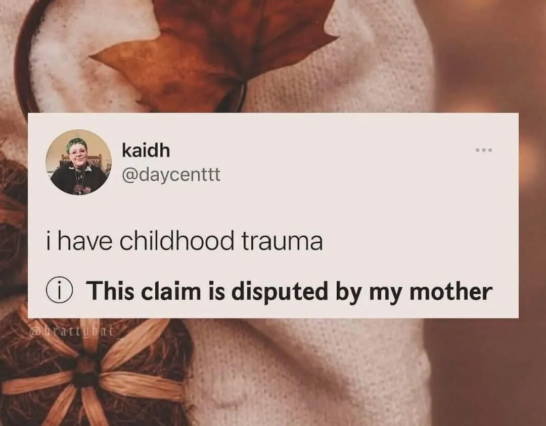 A screenshot of a tweet by user 'kaidh' (@daycenttt) that reads 'i have childhood trauma' with a blue information icon and…