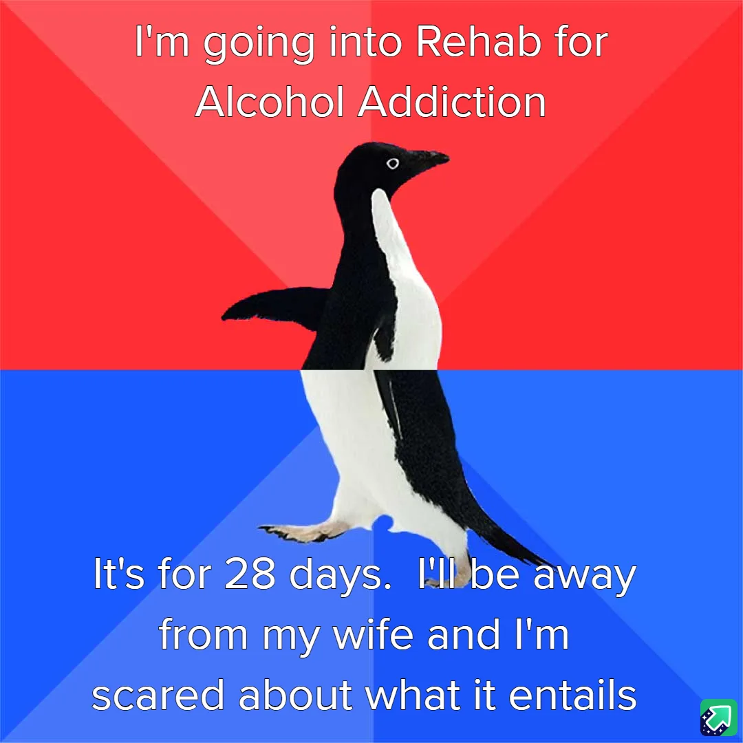A penguin stands centered against a red and blue background, split horizontally. The top half has white text reading 'I'm…