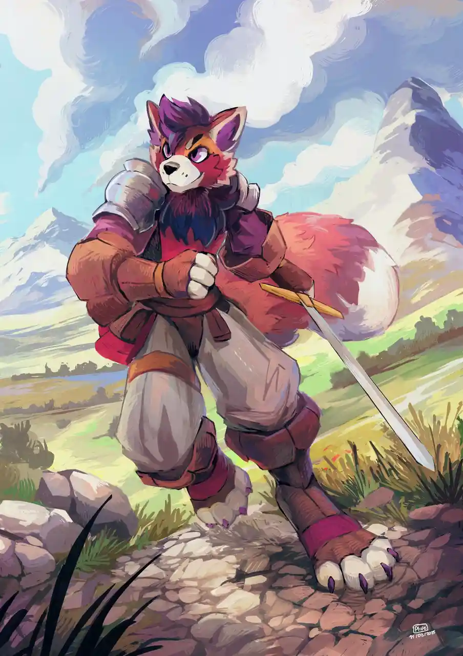 A stylized anthropomorphic fox with purple and orange fur, wearing armor and holding a sword, stands on a rocky path in a…