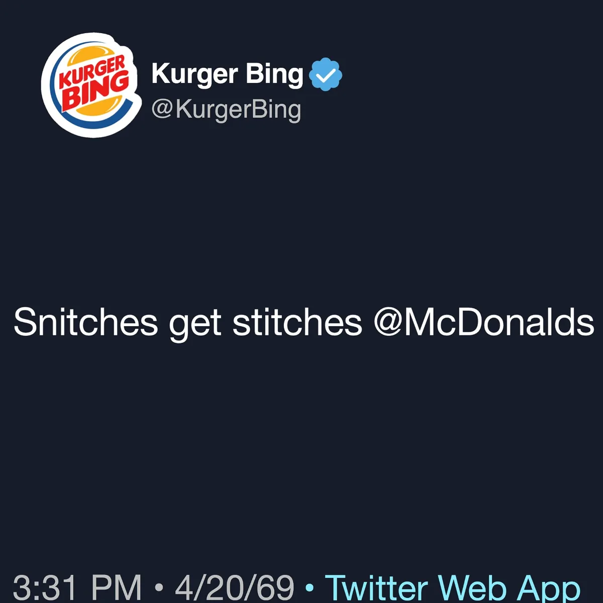 A screenshot of a Twitter post from a fake verified account named 'Kurger Bing' with a Burger King-style logo, which reads…