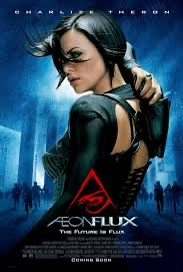 A movie poster for 'Aeon Flux' featuring actress Charlize Theron in a black, futuristic outfit with a mask, looking over her…