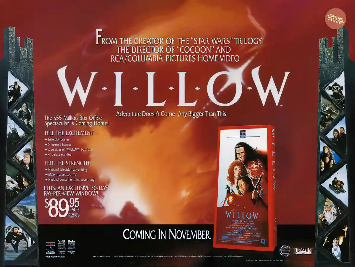 This is a vintage 1988 VHS advertisement poster for the movie 'Willow,' featuring a red background with the title in large…