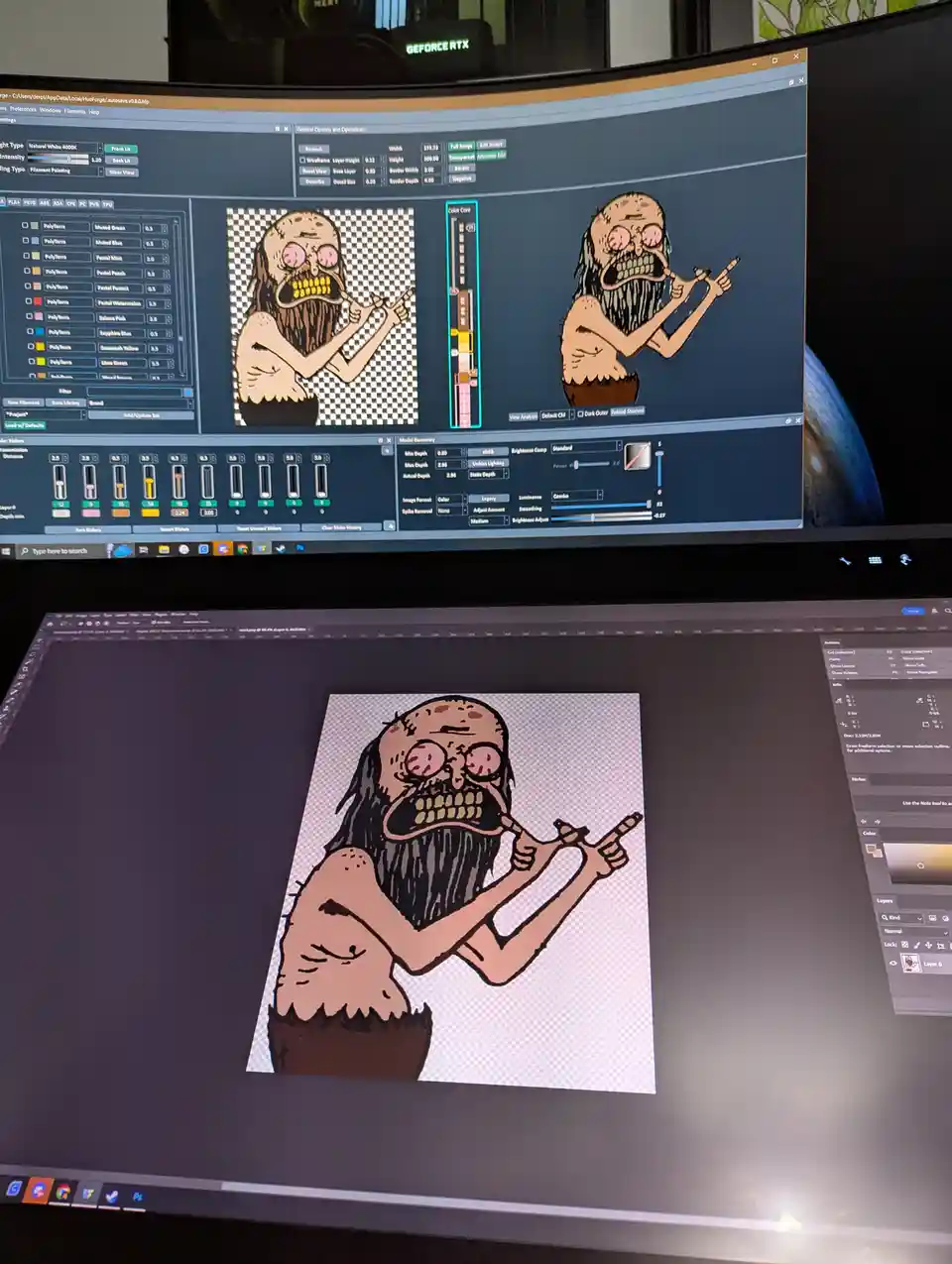 A computer screen shows a 3D modeling software with a cartoonish, bearded, screaming character being prepared for 3D…