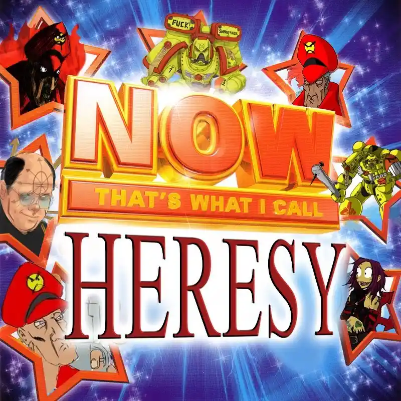 A parody album cover featuring characters from Warhammer 40,000, including Space Marines and Inquisitors, arranged around a…