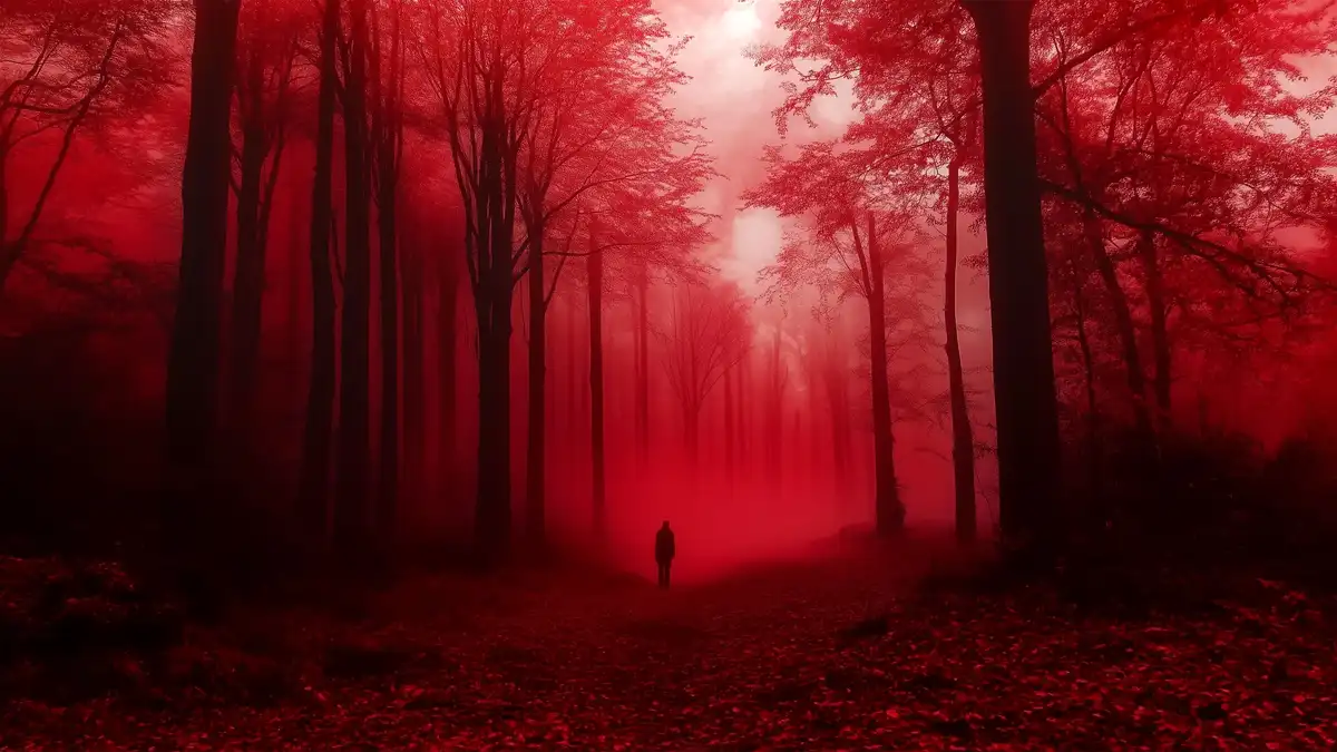 A solitary figure stands on a path in a dense forest bathed in an eerie, monochromatic red light, with tall trees lining…