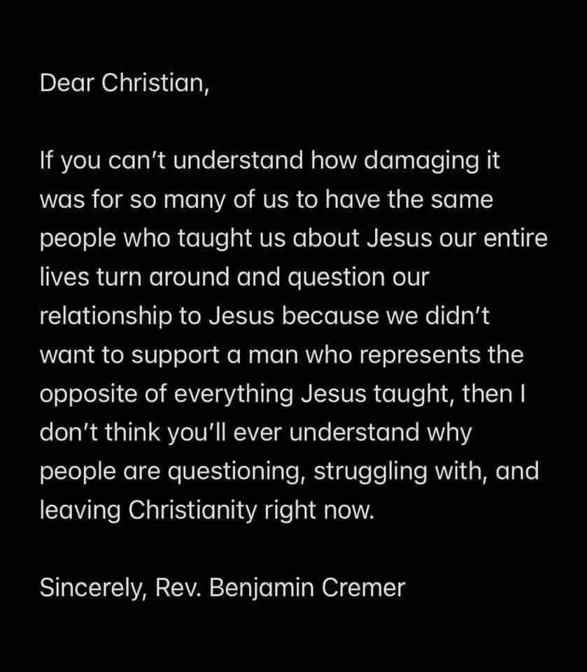 A black background with white text that reads a letter addressed to 'Christian' from 'Rev. Benjamin Cremer,' explaining why…