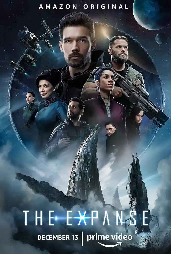 A promotional poster for the Amazon Original sci-fi series 'The Expanse' features a collage of its main cast members against…