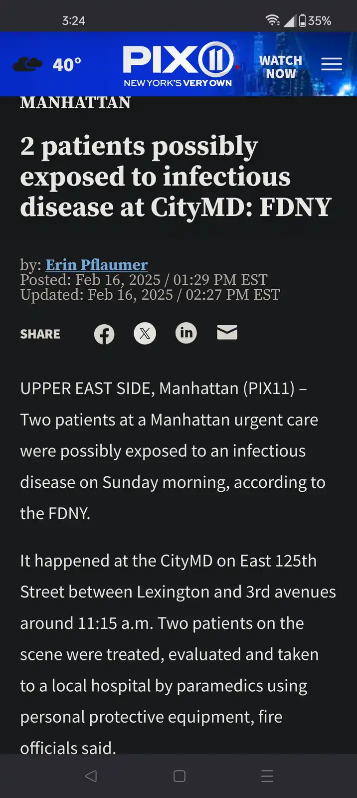 A screenshot of a PIX11 news article from February 16, 2025, reporting that two patients at a Manhattan CityMD urgent care…