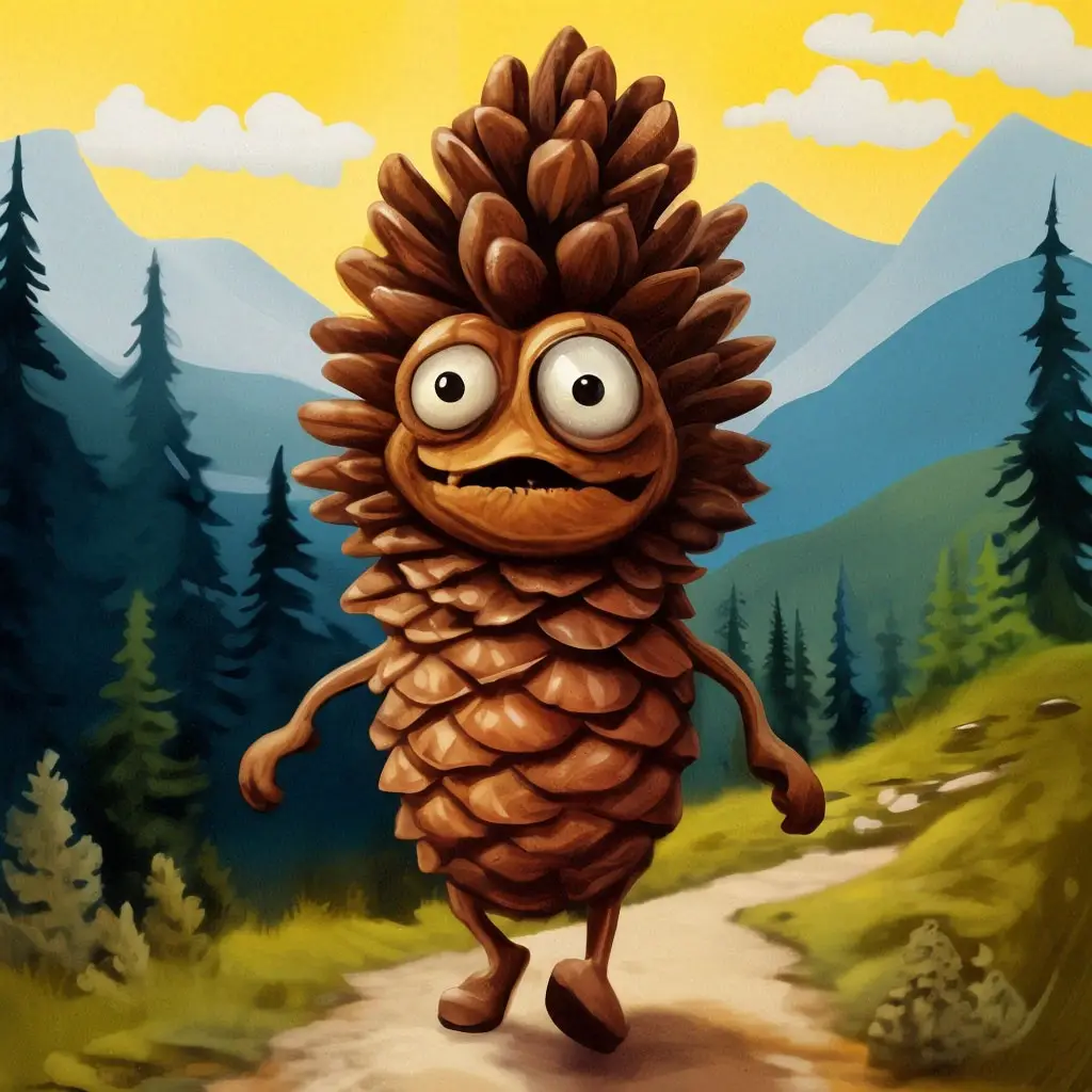 A cartoonish, anthropomorphic pinecone with large, googly eyes and a wide, toothy grin walks down a forest path. Its body is…