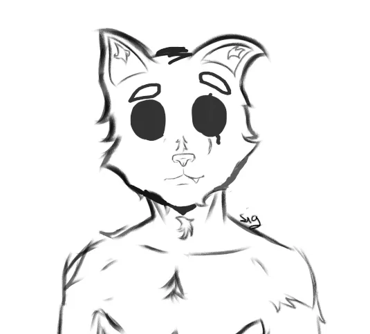 A black-and-white sketch of an anthropomorphic cat with large, teary eyes and a single tear falling from its right eye…