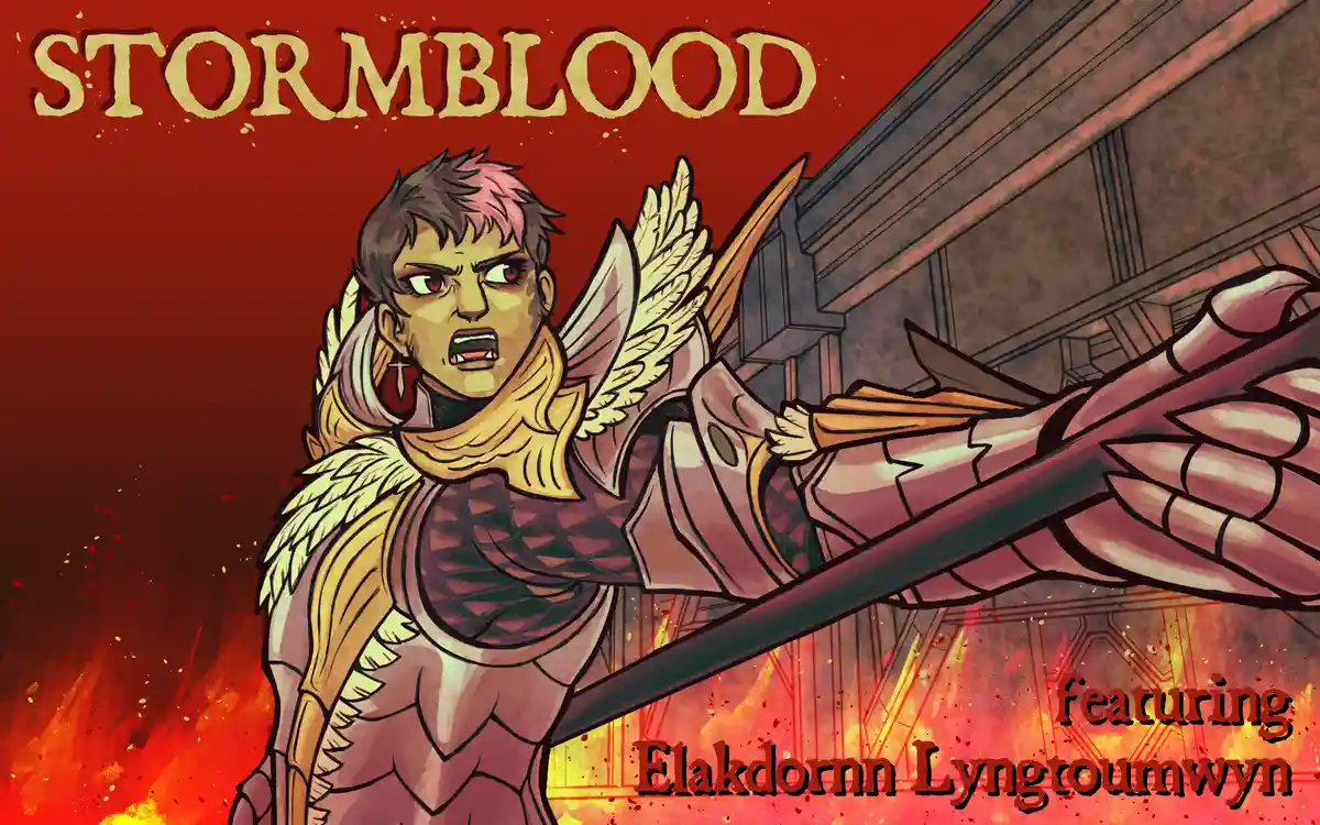 An illustrated fantasy warrior with pink-tipped hair, red eyes, and feathered armor wields a large weapon against a fiery…