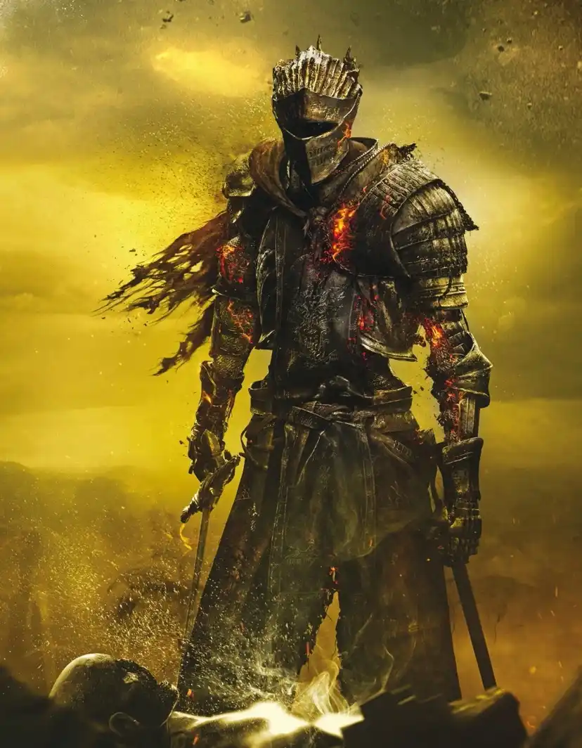 A heavily armored knight with a spiked helmet and glowing red wounds stands in a golden-hued, dusty battlefield, holding two…