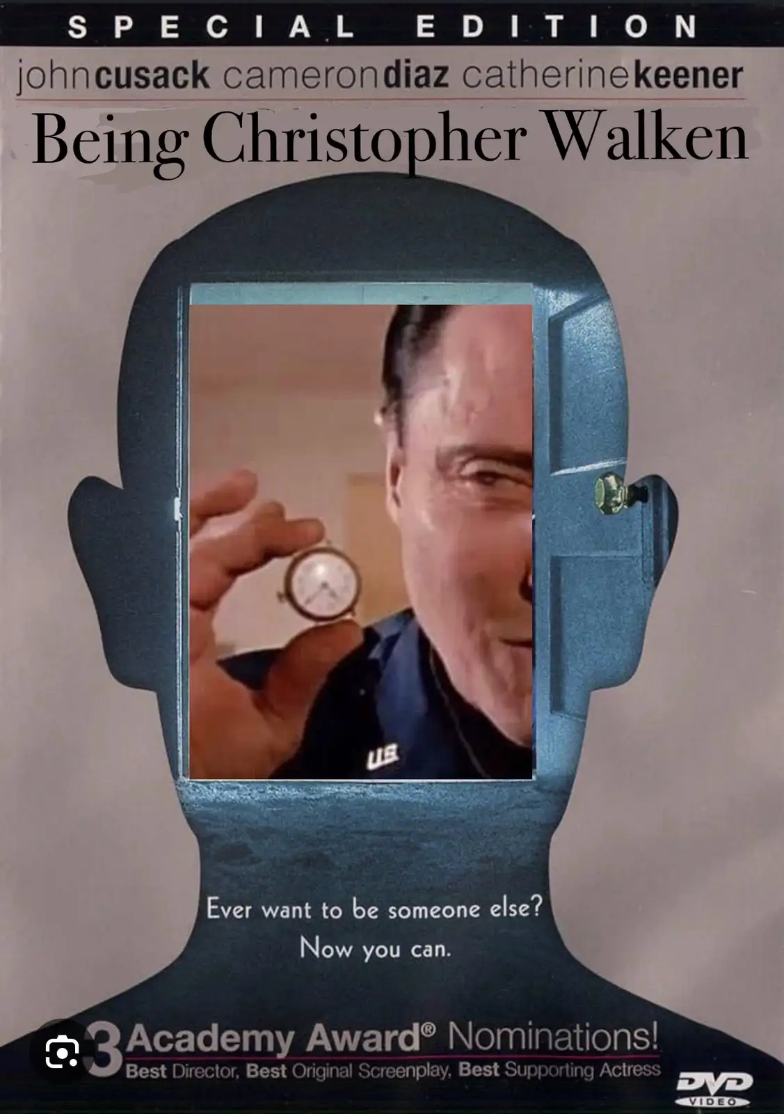 The image is a parody movie poster for 'Being Christopher Walken,' mimicking the style of 'Being John Malkovich.' It…