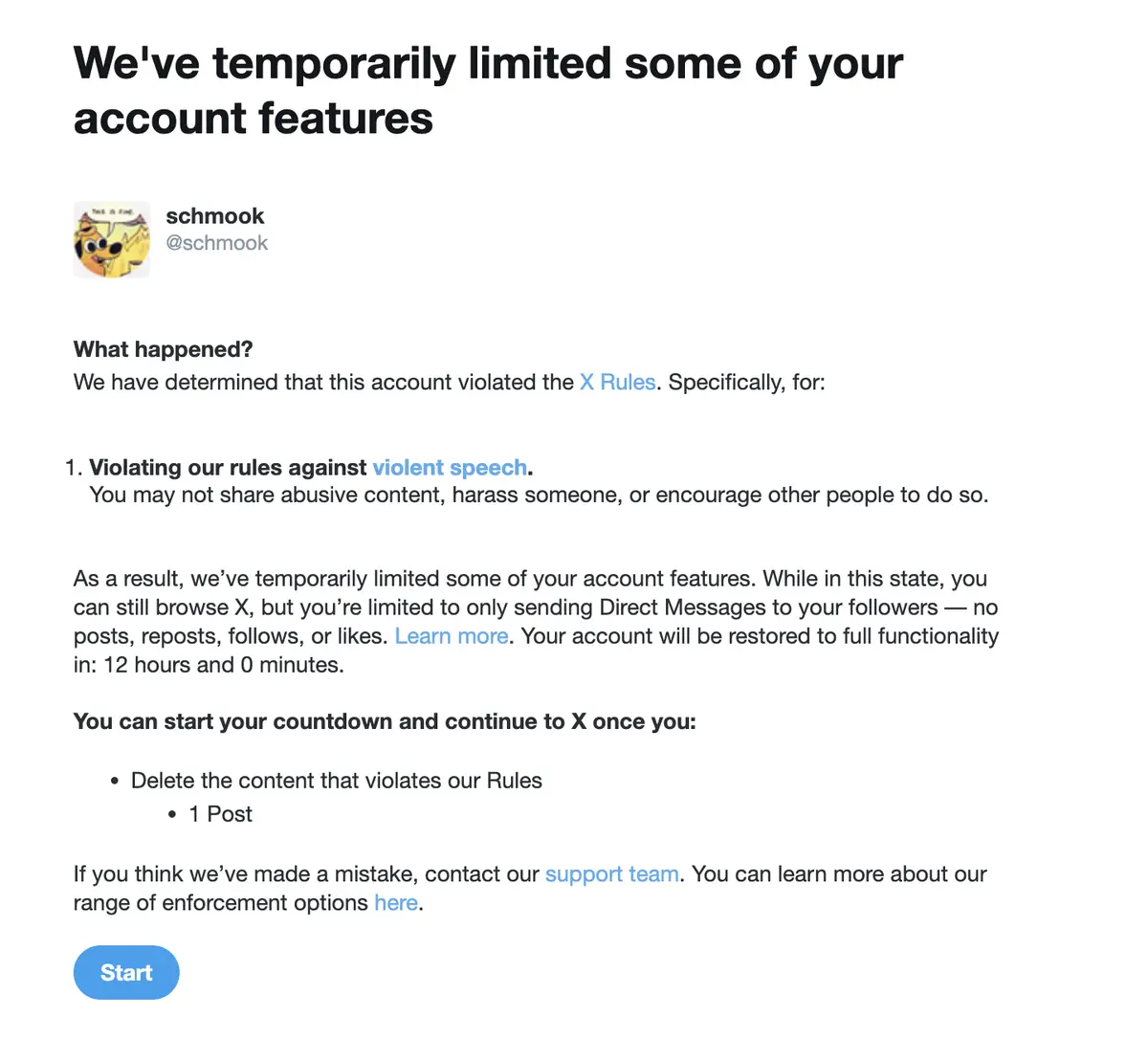 An X (formerly Twitter) account suspension notice for a user named 'schmook' shows the account was limited for violating…