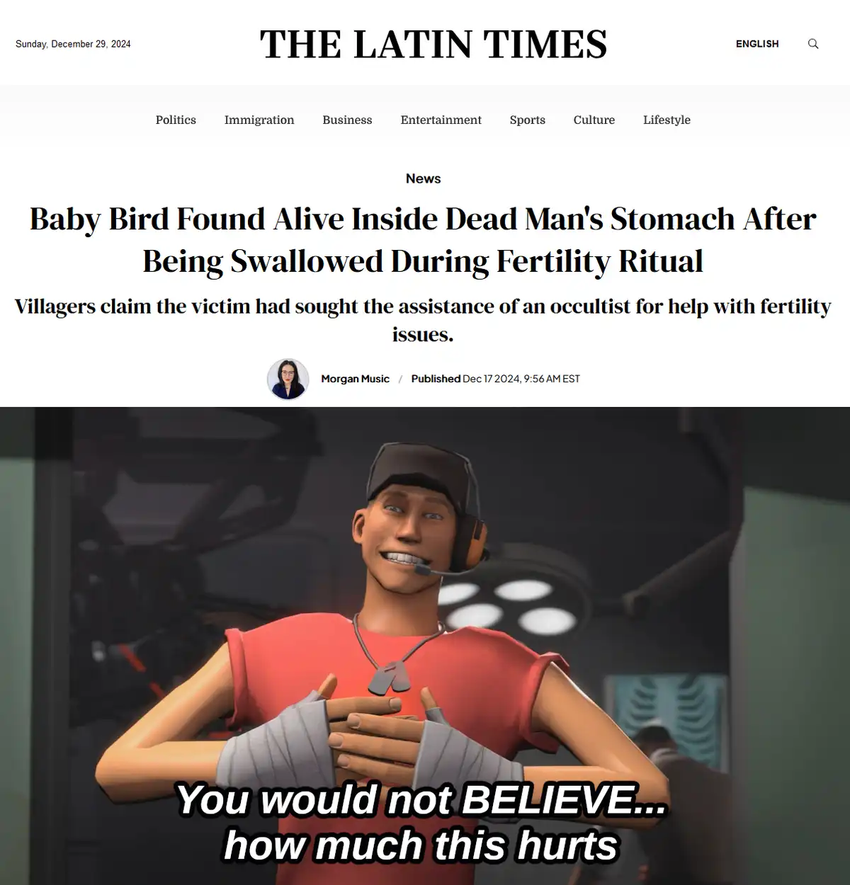 The image displays a screenshot of a fictional news article from 'The Latin Times' with the headline 'Baby Bird Found Alive…