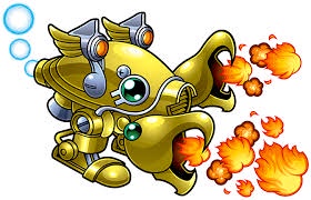 A cartoonish golden robot with large green eyes, silver headgear, and mechanical limbs is depicted underwater, exhaling…
