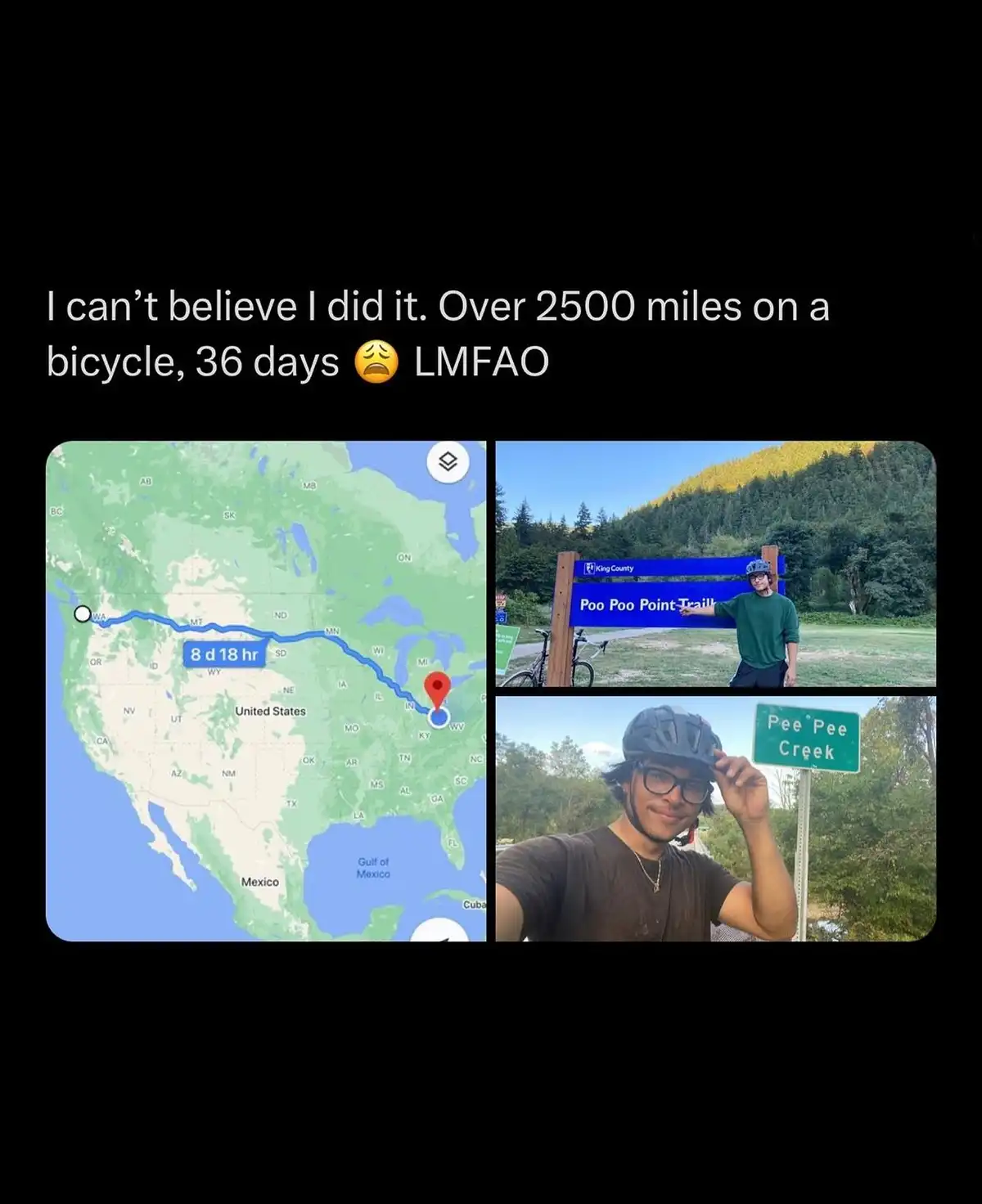 A collage shows a Google Maps route across the U.S. from west to east, a person posing beside a blue trail sign reading 'Poo…