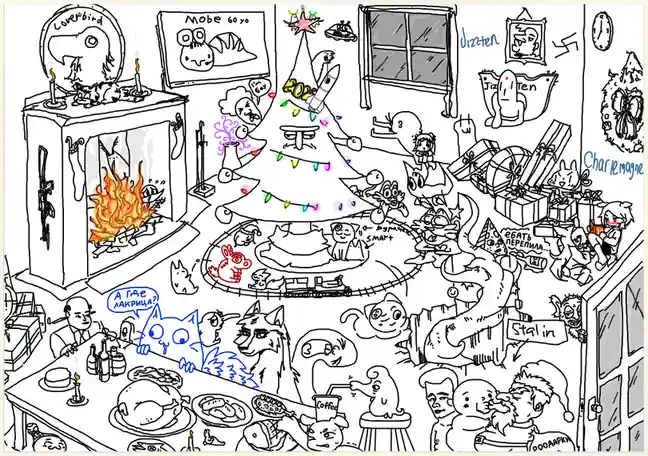 A chaotic, hand-drawn cartoon depicts a crowded, festive room with anthropomorphic animals and humans celebrating Christmas…