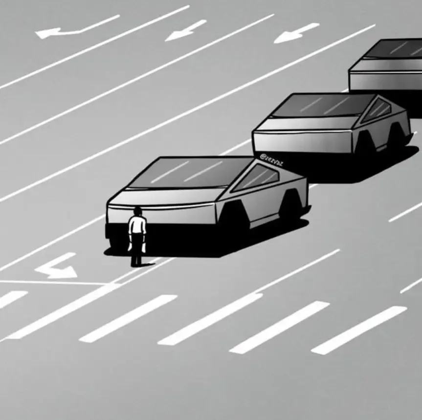 A black-and-white illustration shows a person standing in the middle of a multi-lane road, directly in front of a line of…