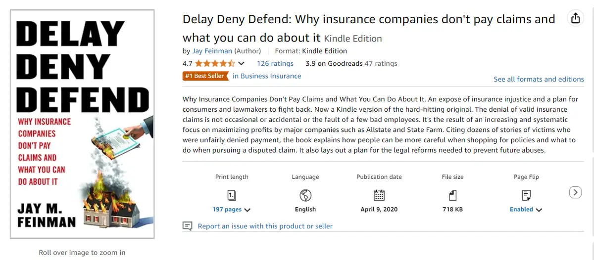 An Amazon Kindle product page for the book 'Delay Deny Defend: Why insurance companies don't pay claims and what you can do…
