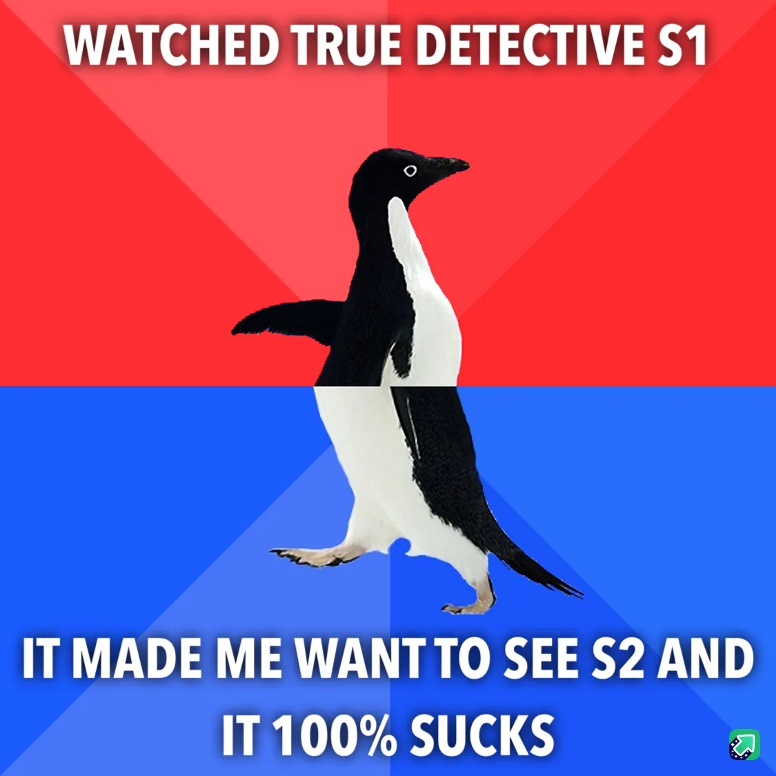 A penguin stands centered against a red and blue background, with white text overlaid. The top text reads 'WATCHED TRUE…
