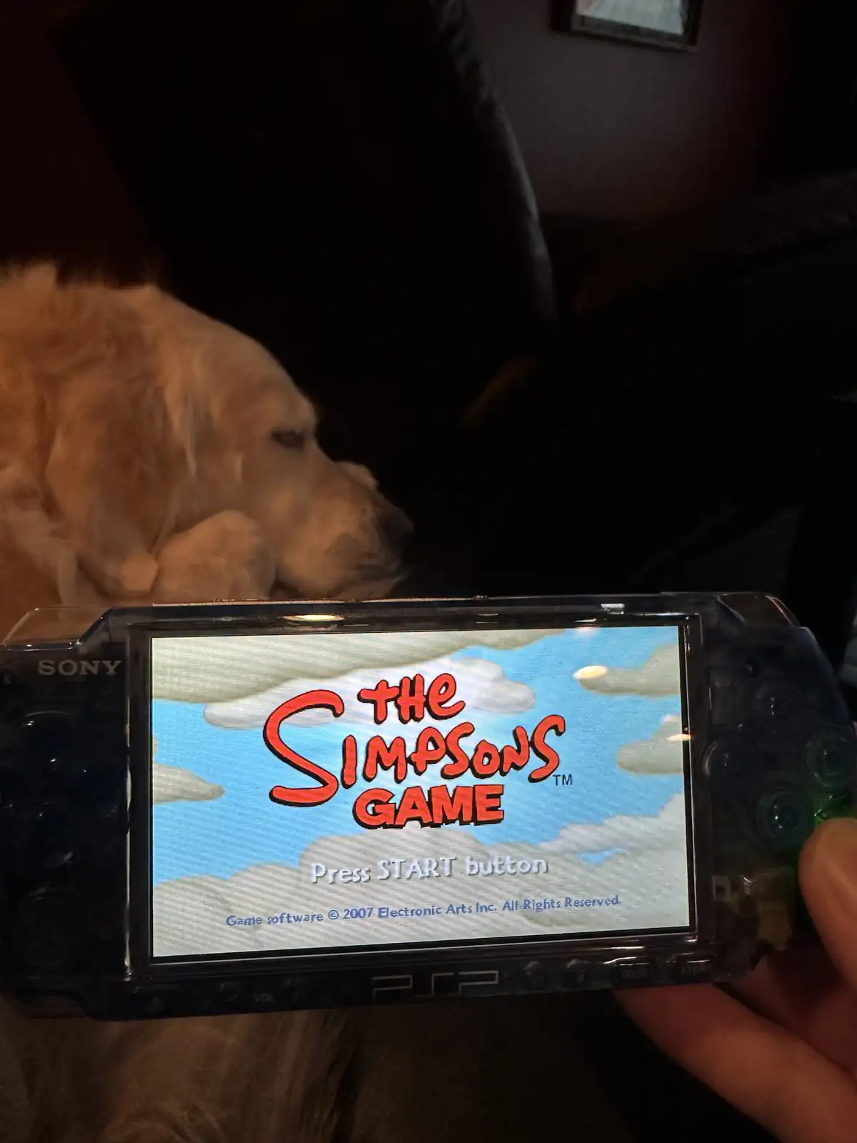 A person holds a Sony PSP displaying the title screen of 'The Simpsons Game,' which prompts to 'Press START button.' In the…
