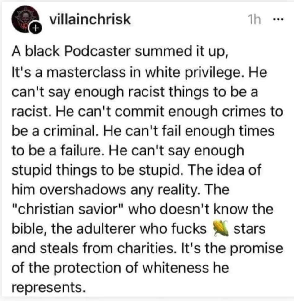 The image displays a screenshot of a social media post by 'villainchrisk' with a block of text criticizing a person for…