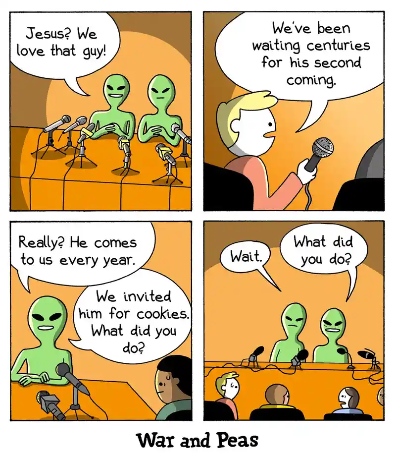 A four-panel comic strip from 'War and Peas' shows two green aliens at a press conference. One alien exclaims they love…