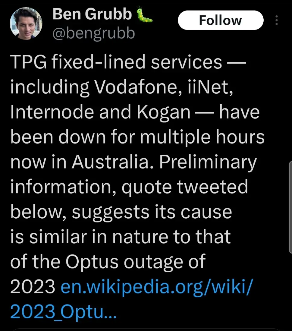 A screenshot of a tweet by Ben Grubb (@bengrubb) reporting that TPG fixed-line services including Vodafone, iiNet…