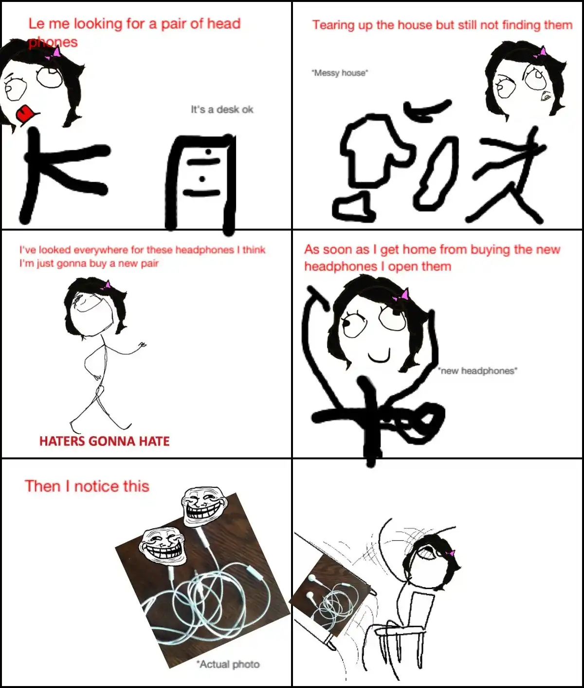 A six-panel comic strip featuring a stick-figure girl with a purple bow searching for lost headphones. She searches…