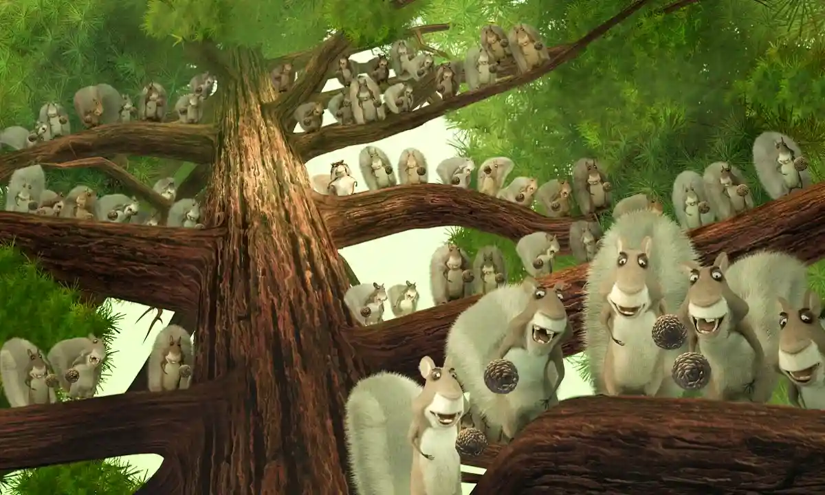 A large animated tree is filled with hundreds of cartoon squirrels, all holding pinecones and smiling cheerfully. The…