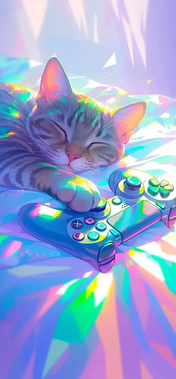 A stylized digital illustration shows a sleeping tabby cat with its paw resting on a PlayStation 4 controller, surrounded by…