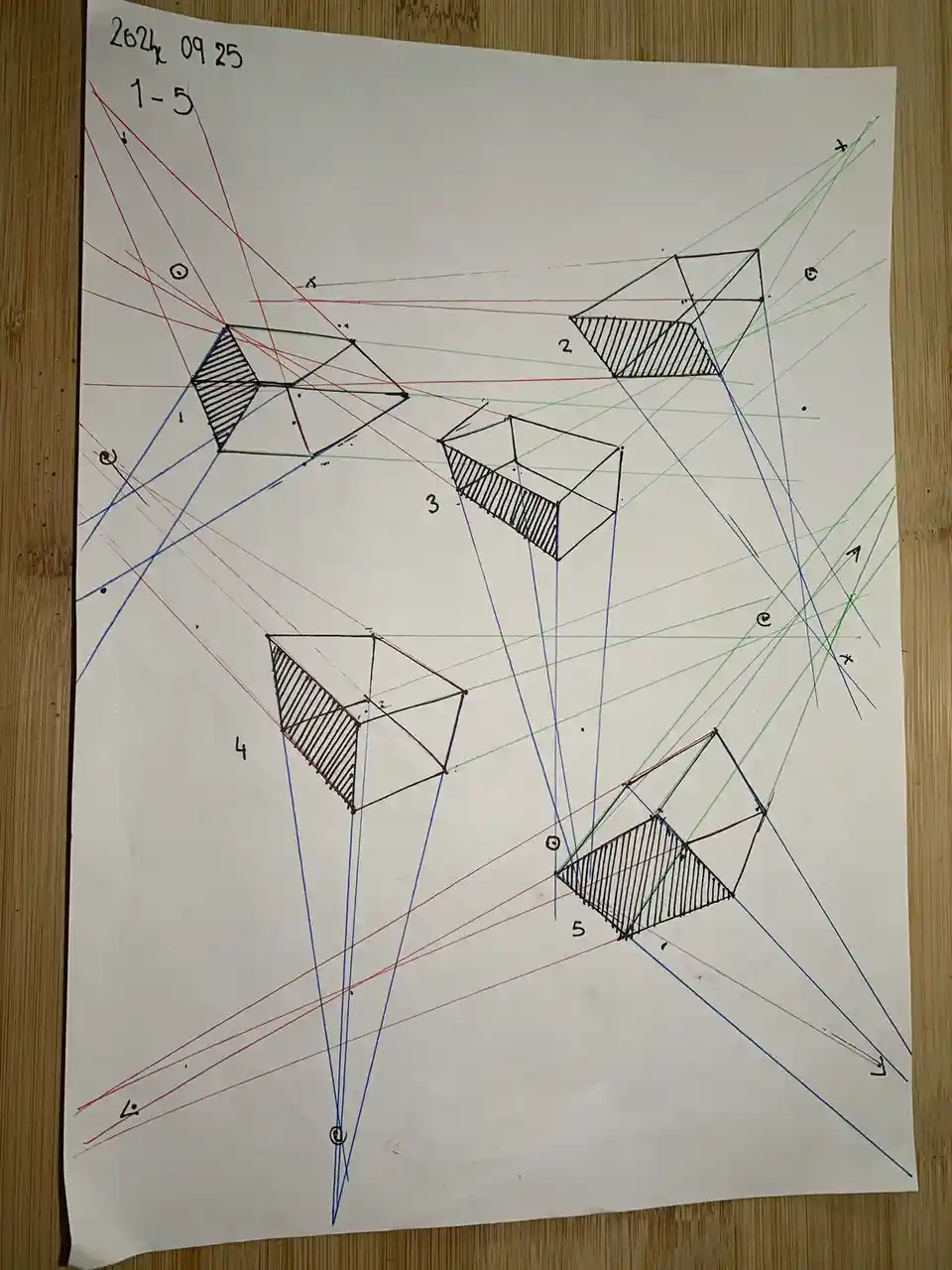 A hand-drawn, complex perspective drawing on white paper, featuring five numbered 3D geometric shapes (labeled 1-5) with…
