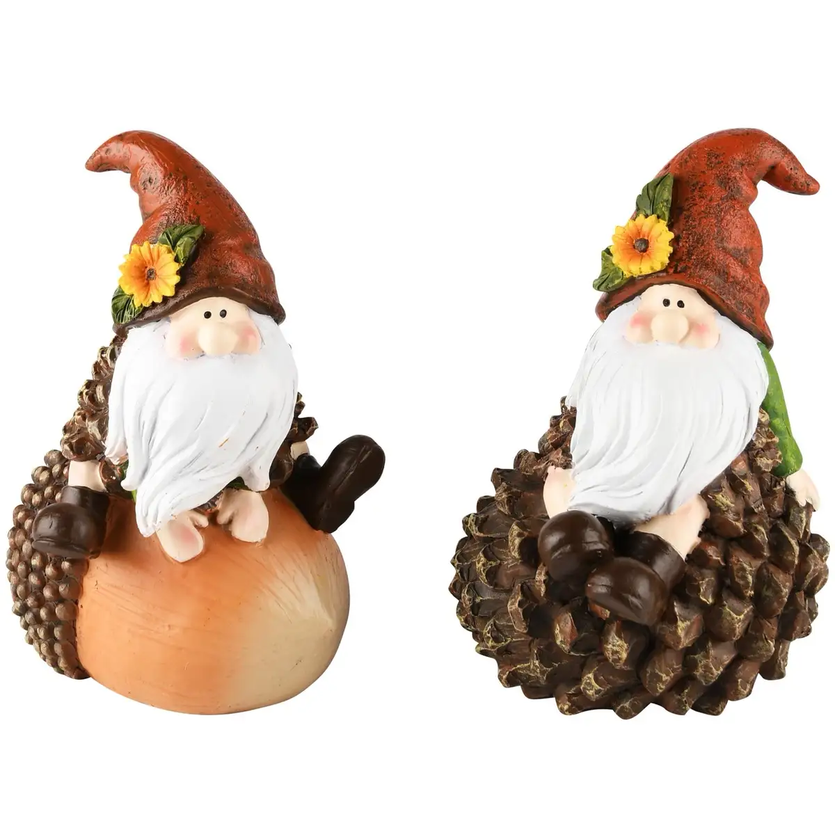 Two identical garden gnome figurines with white beards, red pointed hats adorned with yellow sunflowers, and brown boots sit…