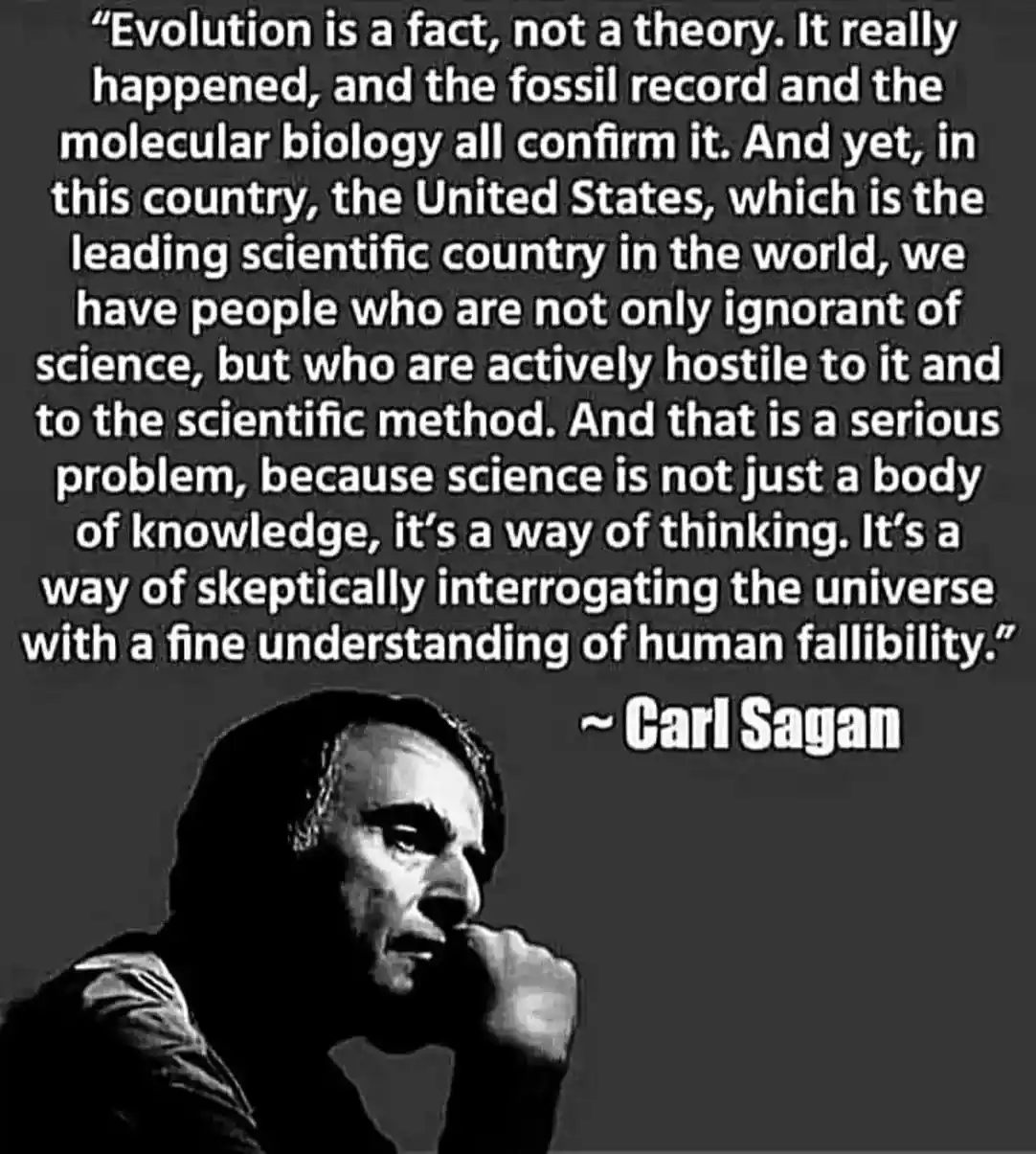 A black-and-white photo of Carl Sagan in profile, looking thoughtful with his hand near his mouth. Overlaid on the image is…