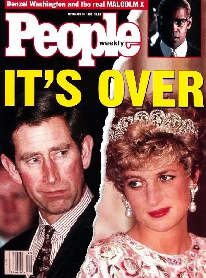 The image is a digitally altered People magazine cover from November 30, 1992, featuring a torn split between Prince Charles…