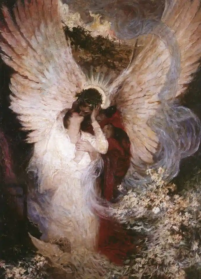 A classical painting depicts a large-winged angel in white robes tenderly kissing a man in a red robe, who is holding a…