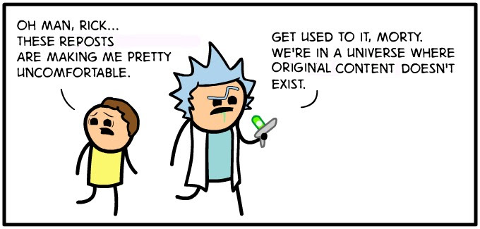 A cartoon image of Rick and Morty from the animated series. Rick, with spiky blue hair and a lab coat, holds a glowing green…